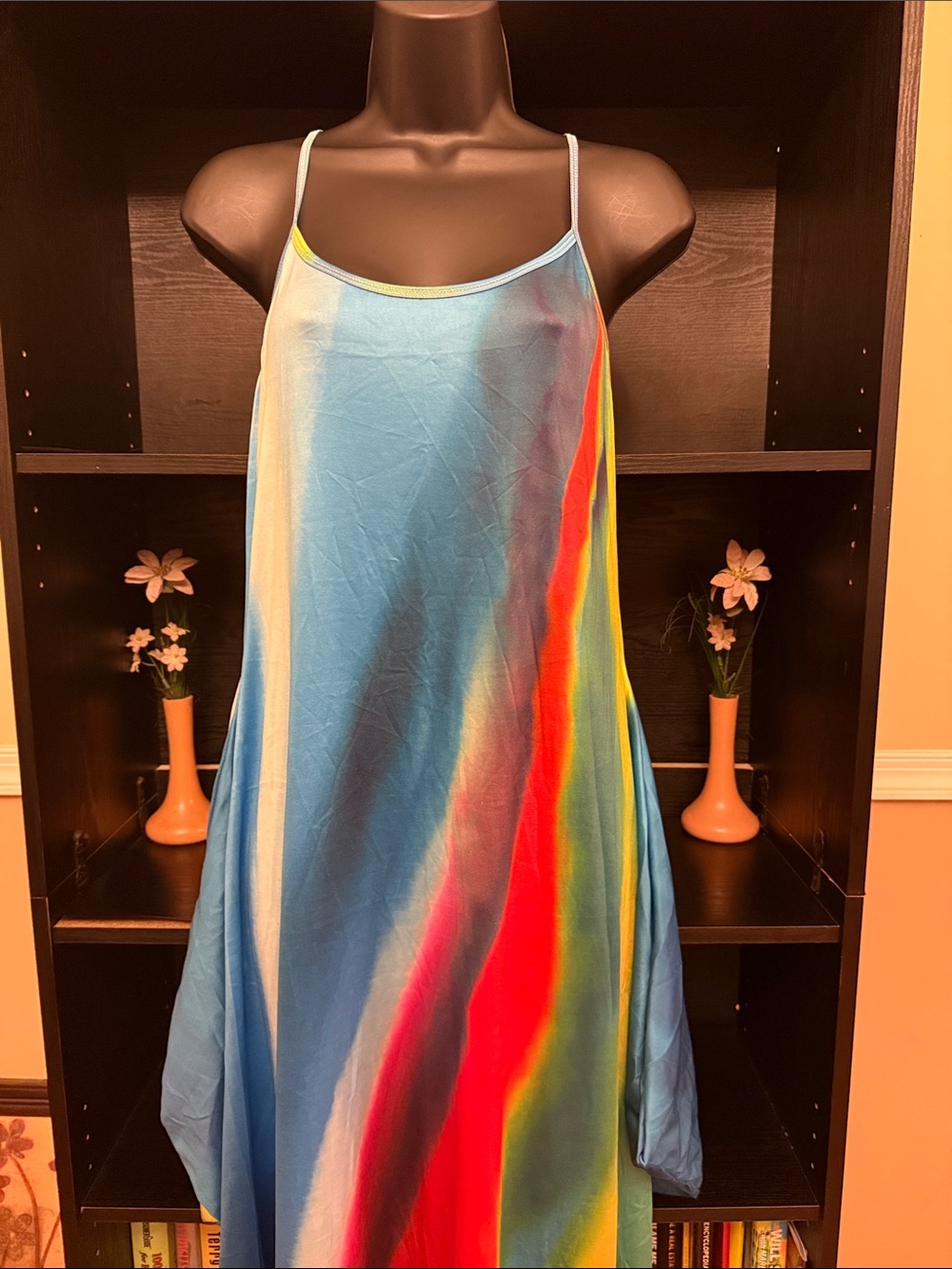 Vibrant Multicolor Maxi Slip Dress with Rainbow Tie Dye Stripes and Side Pockets